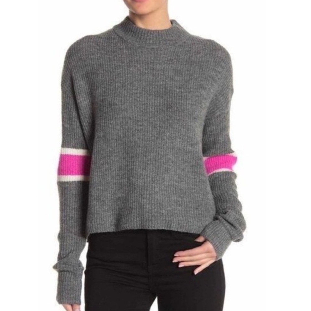 John + Jenn Varsity Striped Sleeves Mock Neck Pullover Sweater M